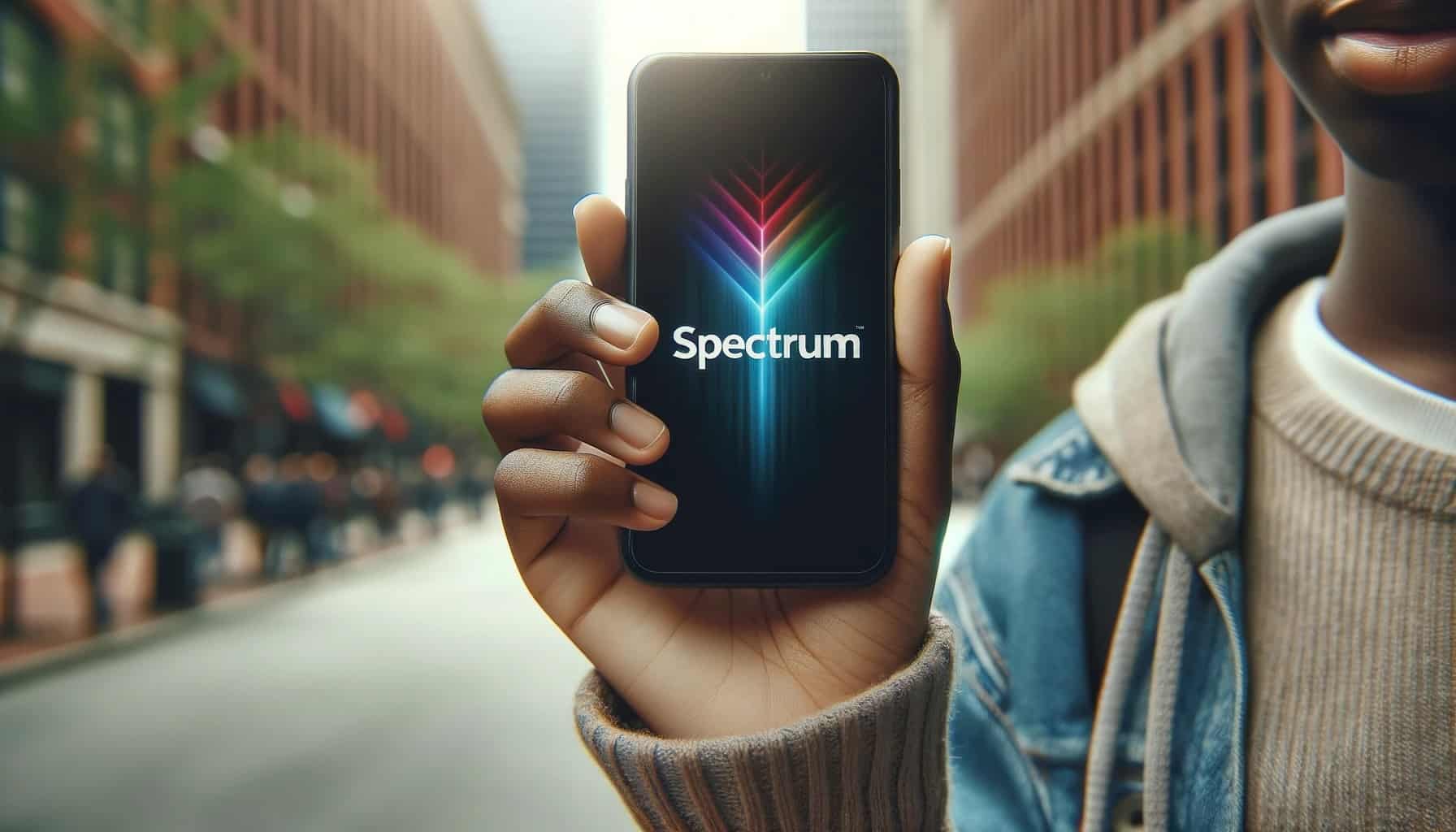 Hand holding a smartphone displaying the Spectrum Mobile logo on the screen
