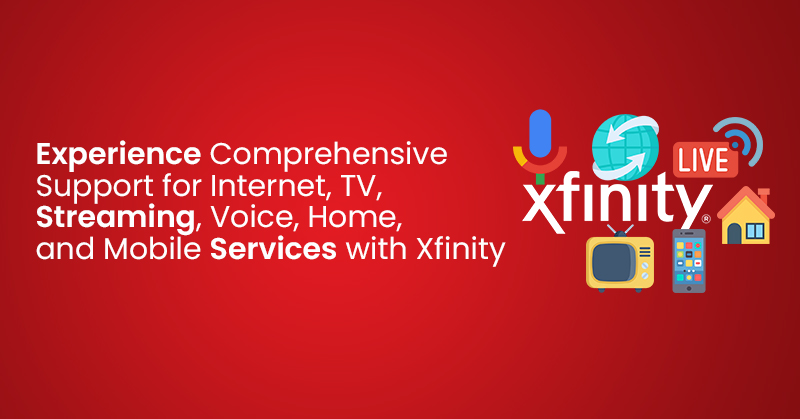 Visual representation of Xfinity's customer support commitment, showcasing their dedication across multiple services including Internet, TV & Streaming, Voice, Home, and Mobile Services