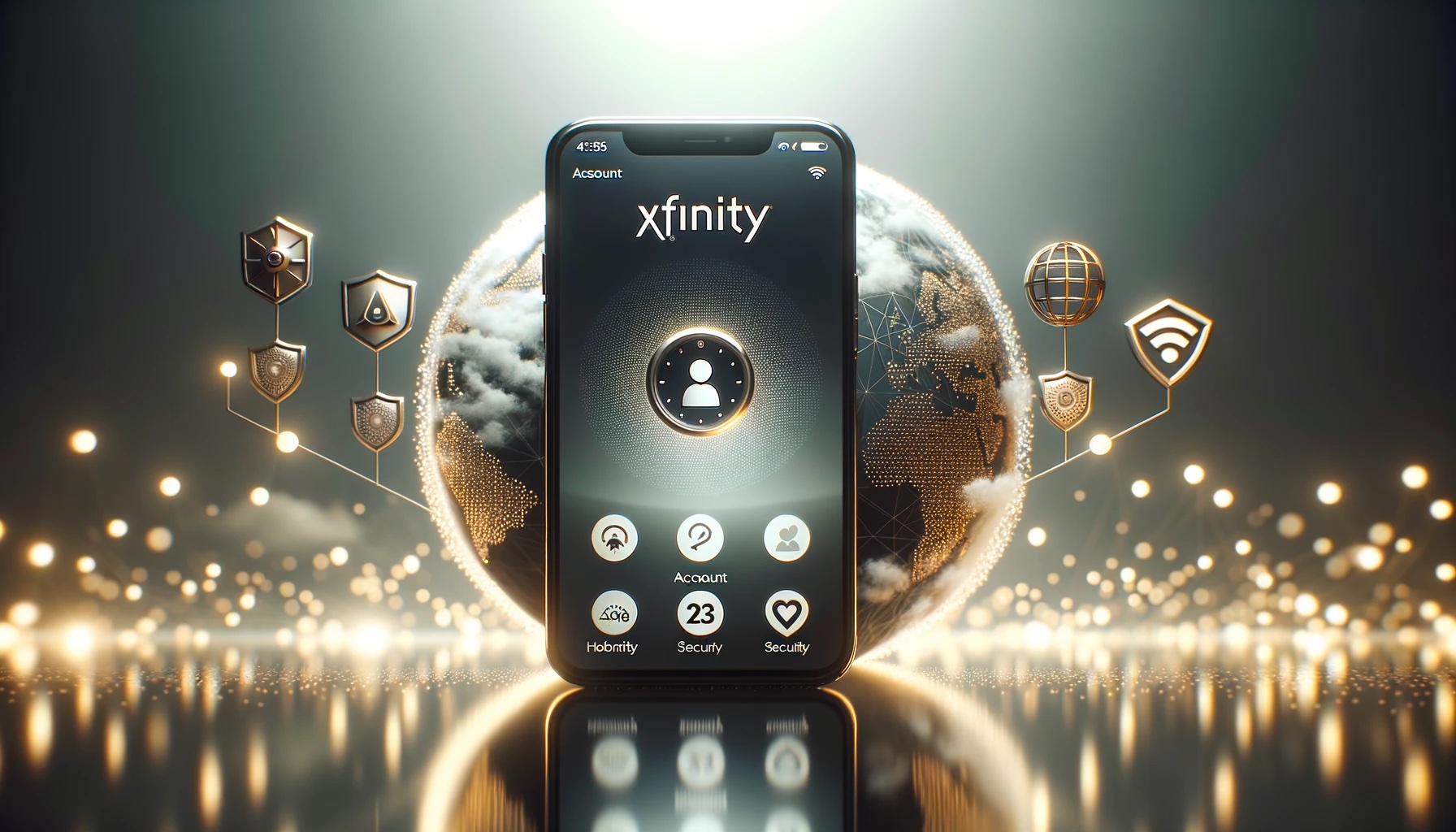 Smartphone displaying Xfinity App dashboard with background icons representing 24/7 support, security, account management, and WiFi signal.