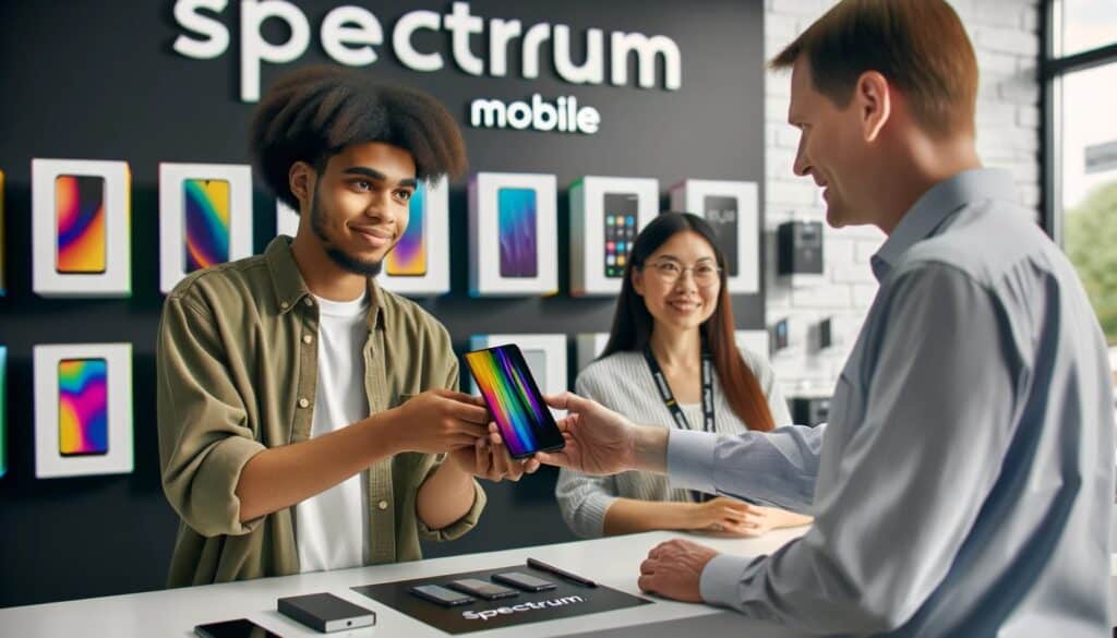 A photo of a person handing over their old phone for a new one at a Spectrum Mobile Store